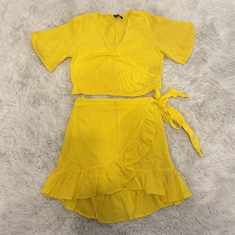 Zara Bright Yellow Cotton Top + Wrap Skirt Set